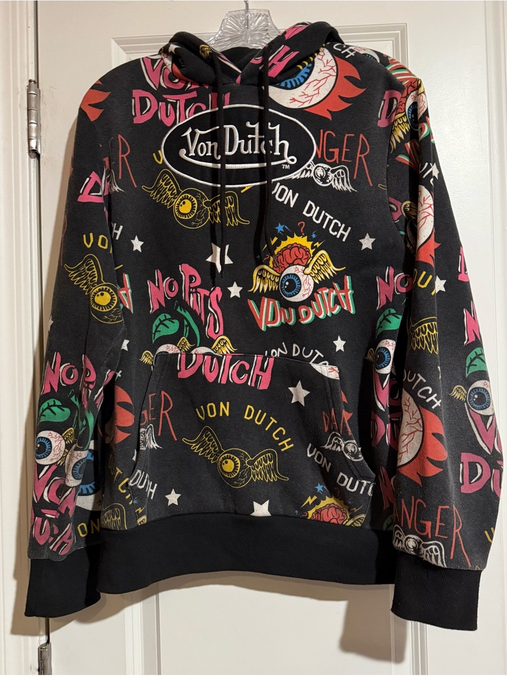 Vintage Von Dutch Flying Eyeball All Over Print Hoodie Black S Y2K Streetwear